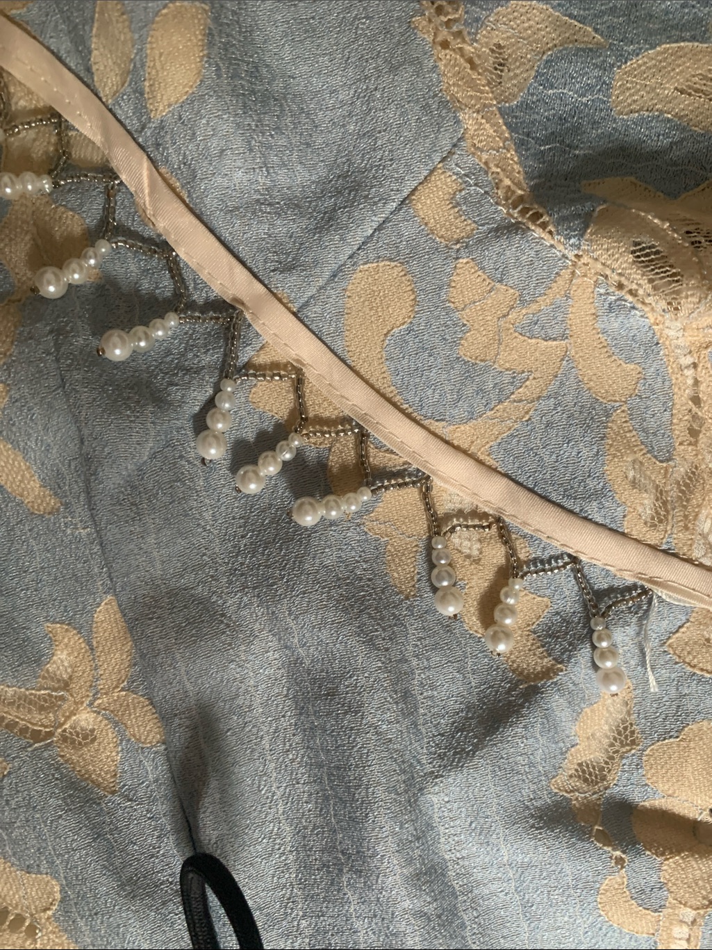 Embroidered Pale Blue Midi Dress With Gold Lace Accents — image 8 of 8